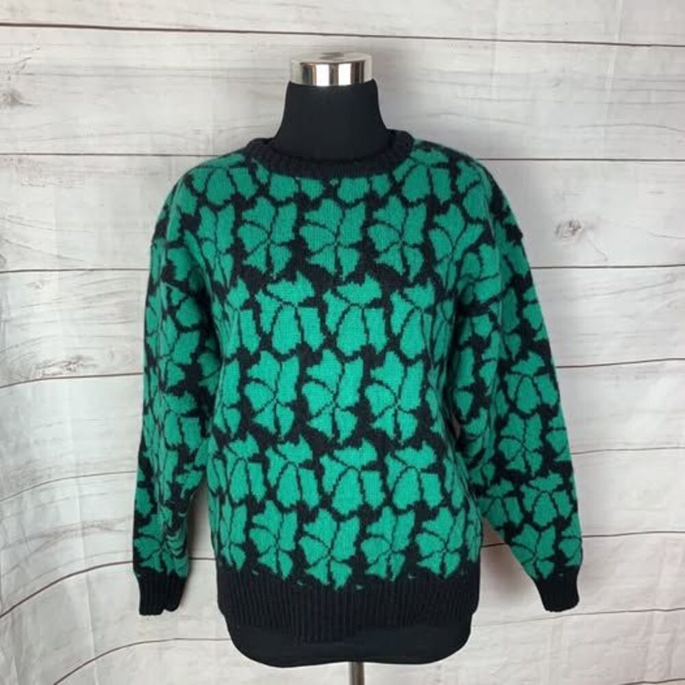 wool Shetland green sweater pullover medium green floral black Small 6 8 retro
